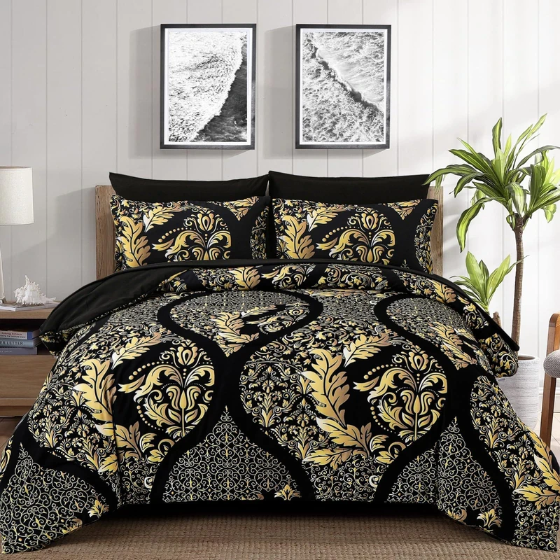 Anibedding Black Gold Comforter Set California King Size, 7 Pieces Bohemian Damask Comforter Set Soft Lightweight Microfiber Bedding Set for All Season (104"x96")