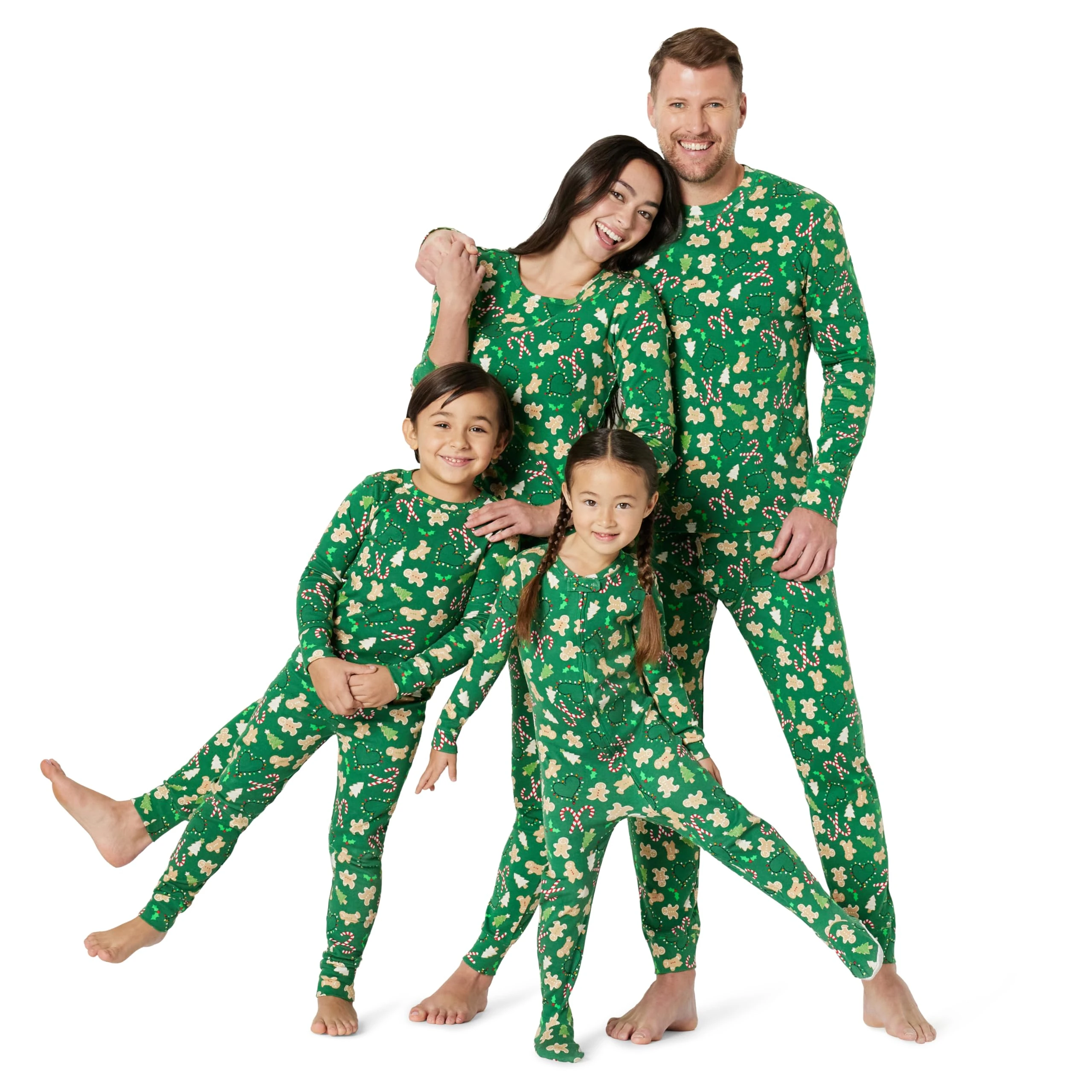 Amazon Essentials Unisex Kids' Matching Holiday Family Pyjama Sets, Pack of 3, Dark Emerald Green Gingerbread, 4 Years