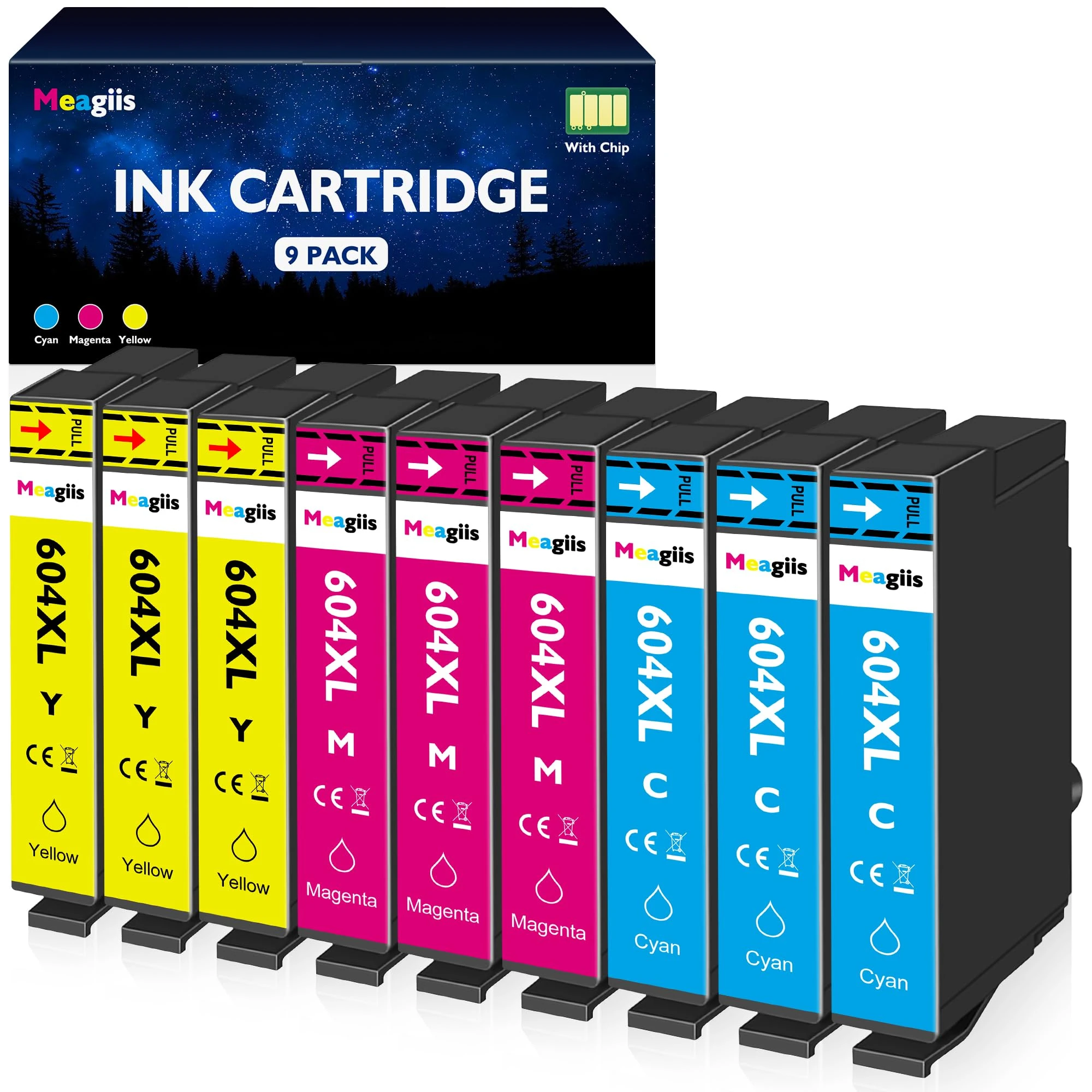 Meagiis for 604XL Colour Ink Cartridges Compatible for Epson for 604XL Colour for Epson XP-2200 XP-2205 XP-3200 XP-3205 XP-4200 XP-4205 WF-2910DWF WF-2930DWF WF-2950DWF (3 Yellow, 3 Cyan, 3 Magenta)