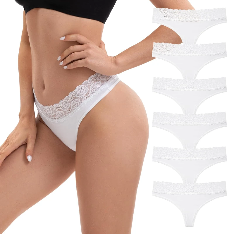 INNERSY White Thongs for Women Lace Thong Knickers Sexy Underwear Cotton G-string Panties 6 Pack (12, 6 Classic White)