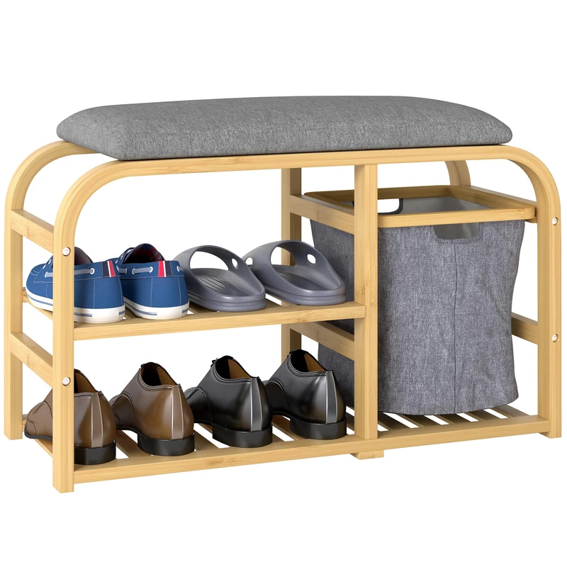 HOMCOM Bamboo Shoe Bench with Cushion, Shoe Rack Bench with 2 Slatted Shelves and Pull-Out Fabric Basket for Hallway, Entryway, Living Room, Nature Wood Finish
