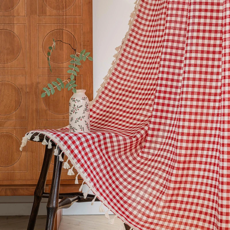 ENJOYBRIDAL Red Plaid 63 Inch Curtains for Bedroom Farmhouse Drapes Short Semi Sheer 2 Panels Rod Pocket Window Curtain Panels for Living Room Cute Boho Buffalo Check Tassel Window Treatments