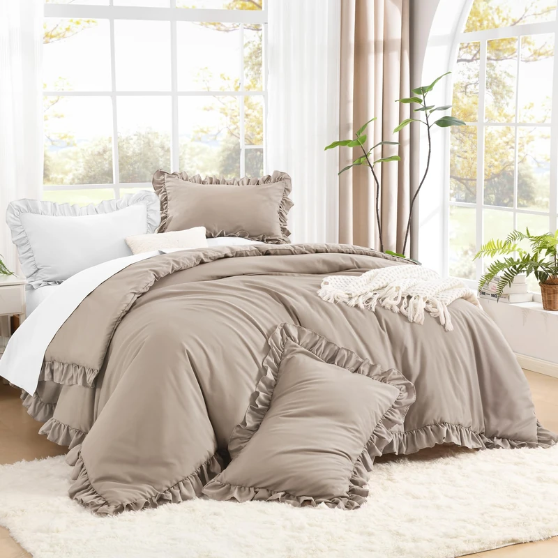 Litanika Queen Comforter Set, 3 Pieces Light Coffee Ruffle Bedding Set