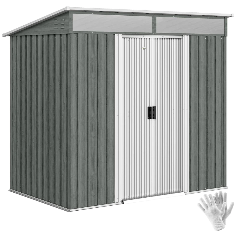 Outsunny 6.5 x 4FT Metal Garden Shed with Foundation Kit, Waterproof Galvanised Steel Tool Storage Shed with Lock, Keys, Double Sliding Doors, Pent Roof, 2 Vents, Light Grey Wood Effect - Image 1