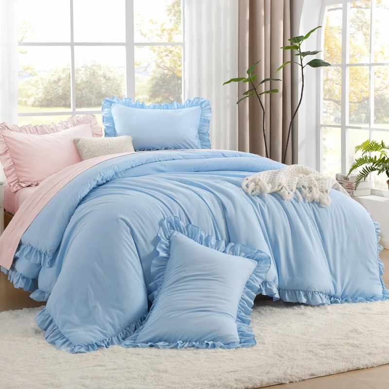 Litanika Queen Comforter Set, 3 Pieces Light Blue Ruffle Bedding Set