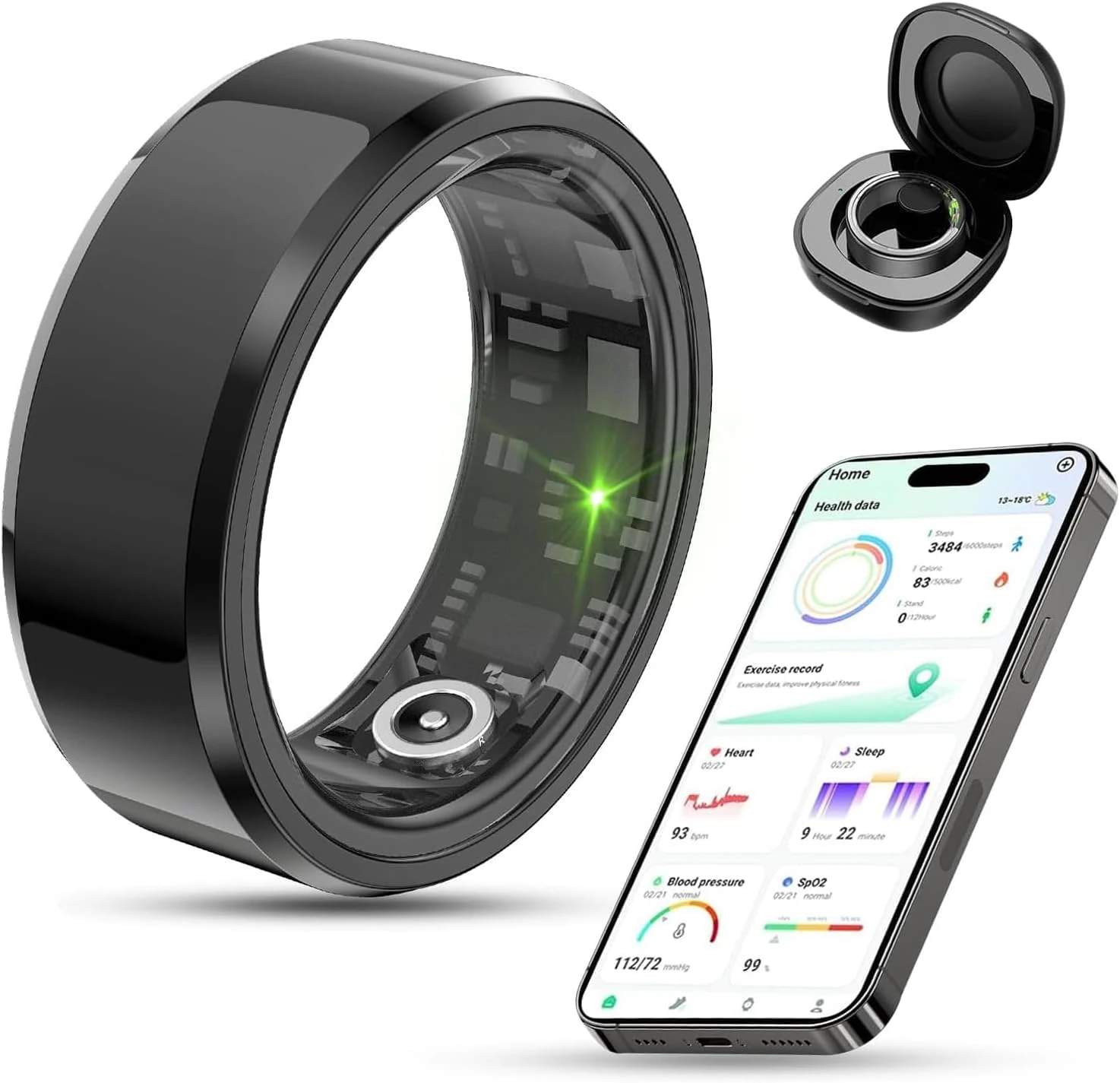 More9Room Smart Ring Heart Rate Monitor Fitness Ring Tracker Support Sleep Monitoring Step Tracker Heart Rate Counting Blood Oxygen Pedometer Smart Rings for Sports Time, Distance SIZE#1221.6mm