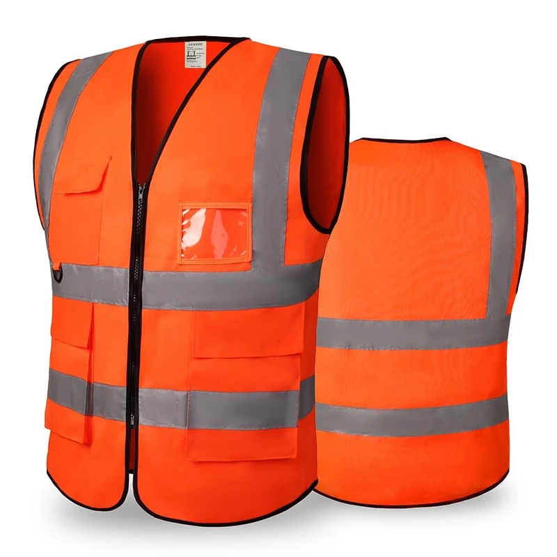 CCSOVO Hi Vis Vests for Women Men High Visibility Reflective Safety Vests Breathable With Pocket Zipper for Build Oudoor Work Meet ANSI/ISEA Standard (UK, Alpha, L, Regular, Regular, Cloth-Orange)