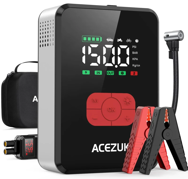 Jump Starter with Air Compressor,7000A 150PSI Portable Car Jump Starter, 12V Jump Start Battery Pack (All Gas/12L Diesel), Car Battery Starter with Portable Jump Cables, LED Lights