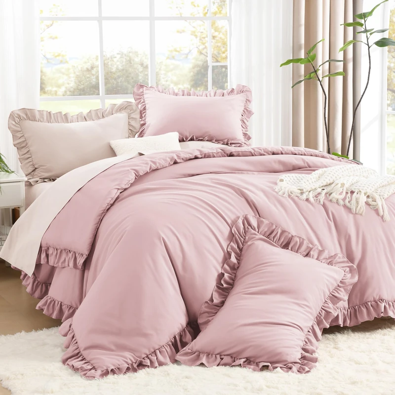 Litanika Queen Comforter Set, 3 Pieces Grayish Pink Ruffle Bedding Set