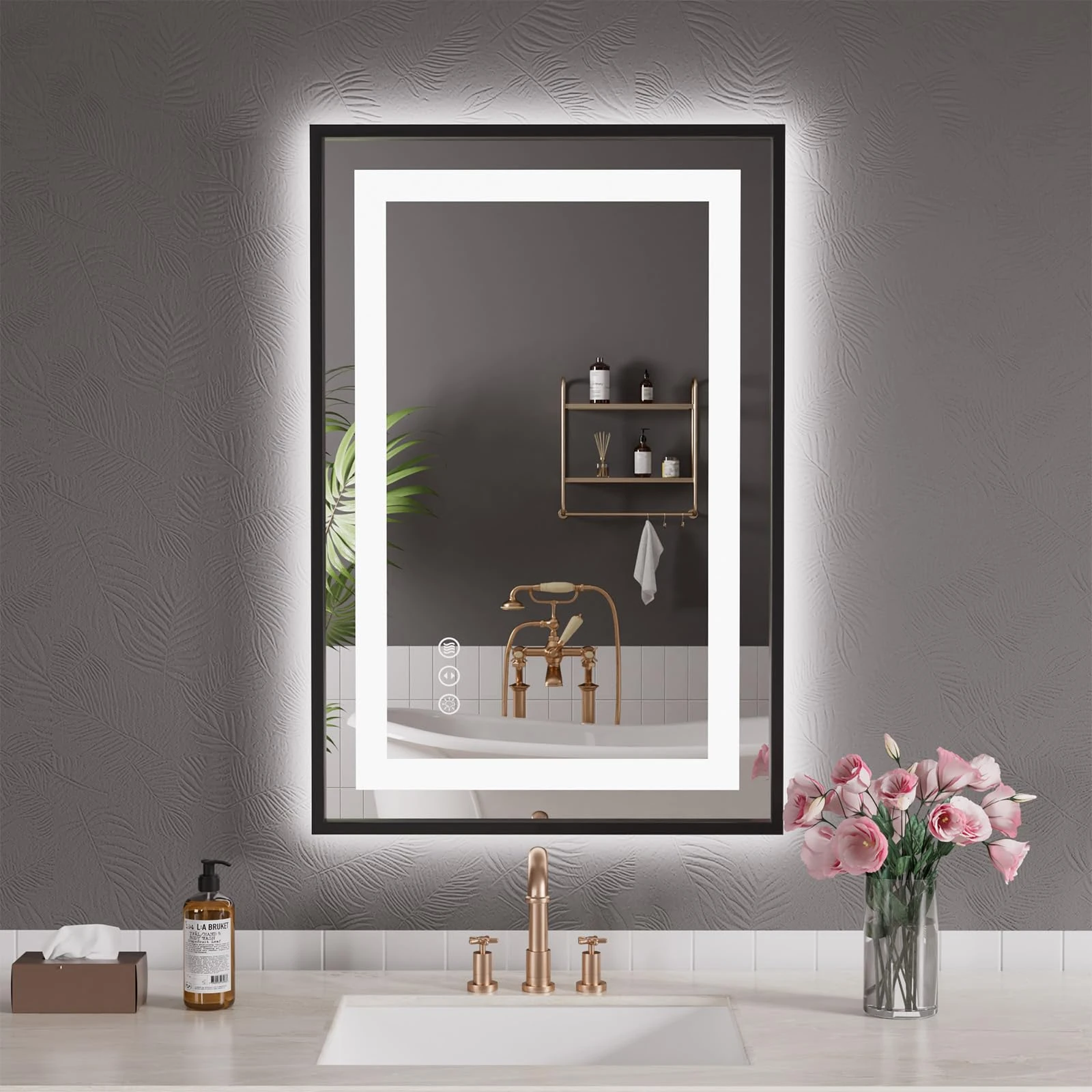 LED Bathroom Mirror, 20"x28" Framed Mirror with Front Light and Backlit, Stepless Dimmable, Anti-fog, Shatter Proof, Memory, 3 Colors, Dual LED Mirror