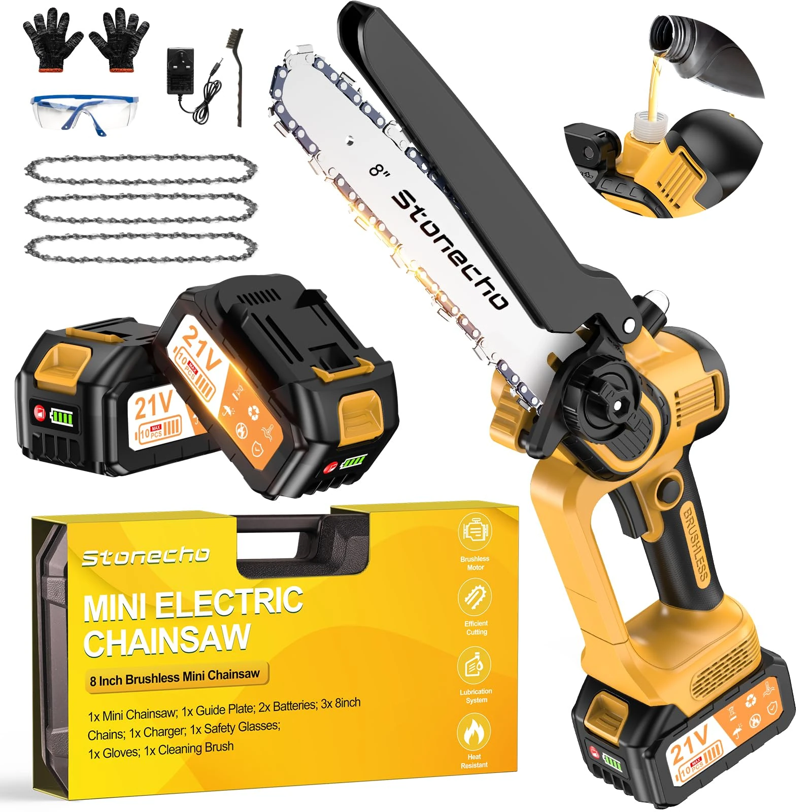 Stonecho Mini Chainsaw 8 Inch, 2025 Upgraded 2x4000mAh Battery Chainsaw with Oiler System, Brushless Motor Mini Chainsaws Cordless, 36.5FT/S Chain Speed, for Garden Tree Branch Cutting, with 3 Chains