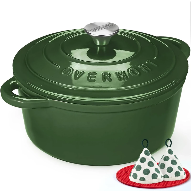 Overmont 26cm/5.2L Enamelled Cast Iron Round Casserole Dish With Lid,5.5QT, Cookbook -Non-stick Dutch Oven for Braising, Stews, Roasting, Bread Baking - Highlighter green