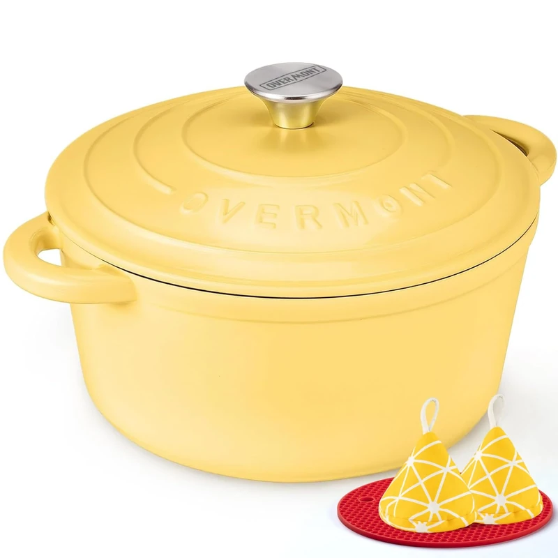 Overmont 26cm/5.2L Enamelled Cast Iron Round Casserole Dish With Lid,5.5QT, Cookbook -Non-stick Dutch Oven for Braising, Stews, Roasting, Bread Baking - Goose yellow