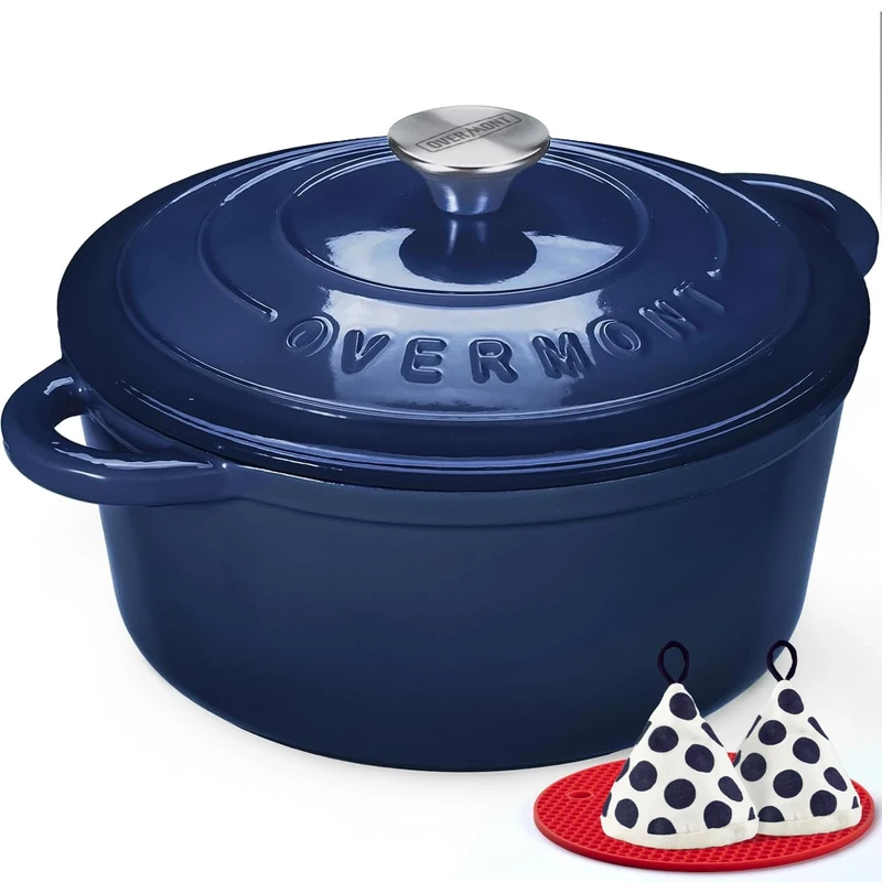 Overmont 26cm/5.2L Enamelled Cast Iron Round Casserole Dish With Lid,5.5QT, Cookbook -Non-stick Dutch Oven for Braising, Stews, Roasting, Bread Baking -Indigo