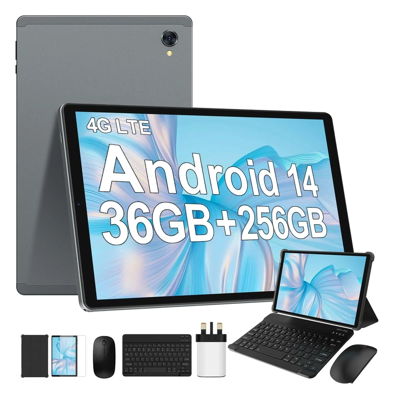 FLYCOAY Android 14 Tablet 10.4 Inch, 36GB RAM+256GB ROM (2TB TF) Octa-Core, 4G LTE+5G WiFi, 2000 * 1200 FHD INCELL, 8000mAh,13MP+8MP, Bluetooth 5.0, Tablet with Keyboard, Mouse(Gray)