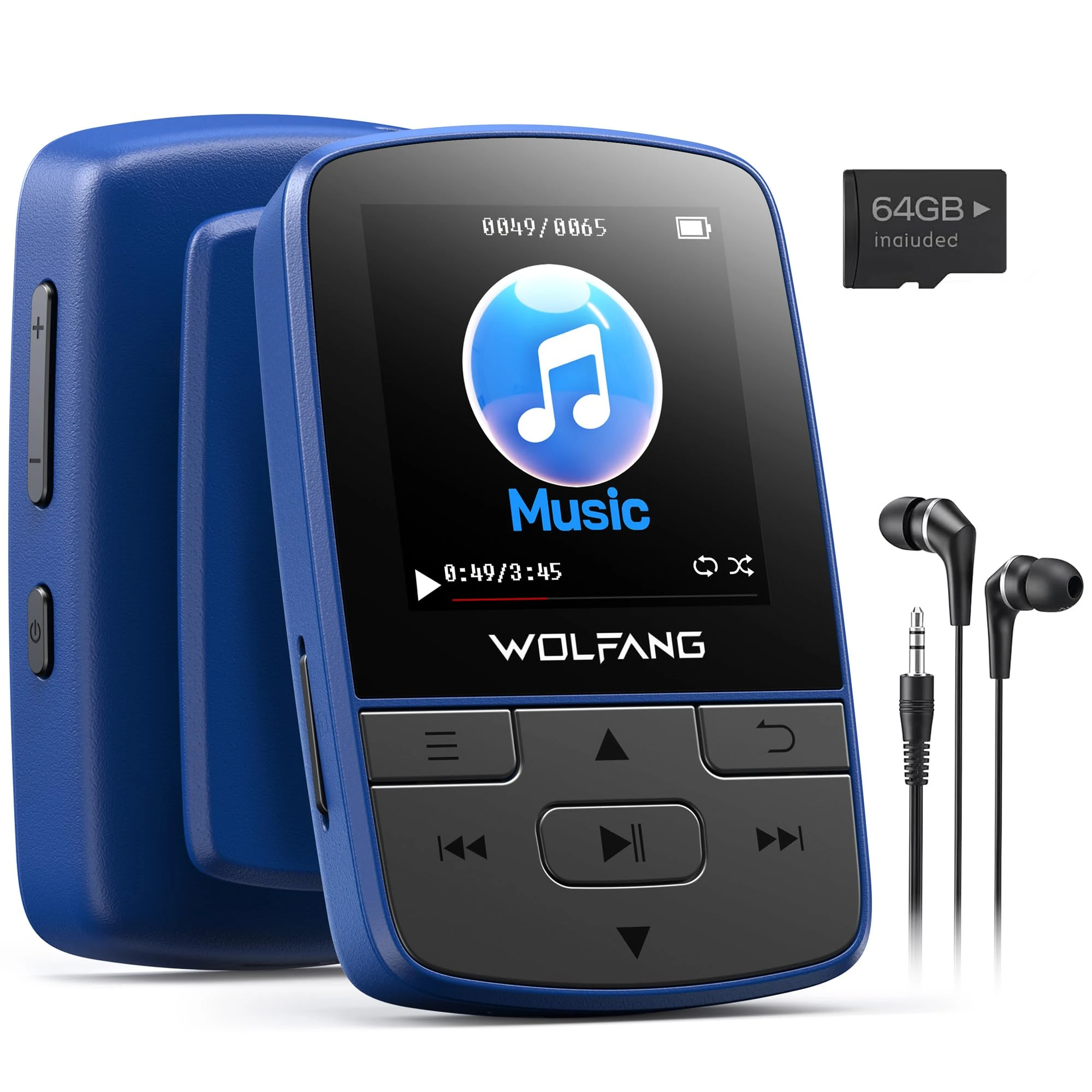 WOLFANG 64GB MP3 Players with Bluetooth 5.2, Sports Clip, Mini Size, Weigh 1 oz, HiF FM Radio, Voice Recorder, Earphones Included