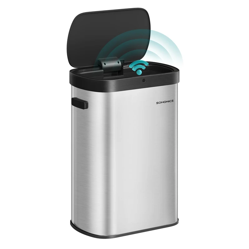 SONGMICS Motion Sensor Kitchen Bin, 13-Gallon (50 L) Automatic Rubbish Bin, Wave or Touch to Open, Soft Close Lid, Stainless Steel, Includes 15 Bags, Metallic Silver and Ink Black LTB640E01