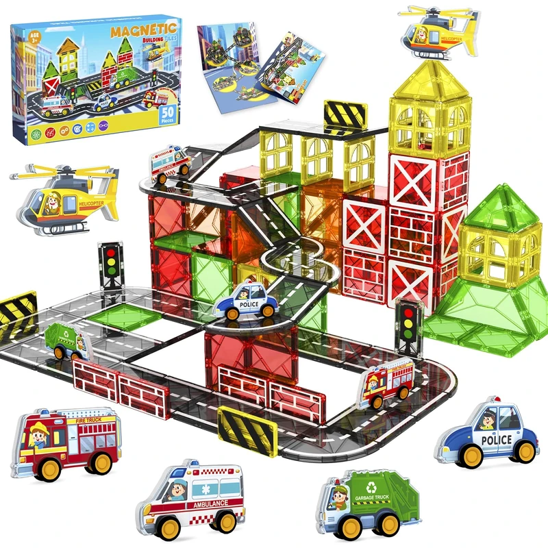 Magneverse Magnetic Tiles Road Set - City Road Magnetic Building Blocks, STEM Magnet Construction Toys for Toddler Boys Girls 3 4 5 6 7 8 Year Old Christmas Birthday Gifts