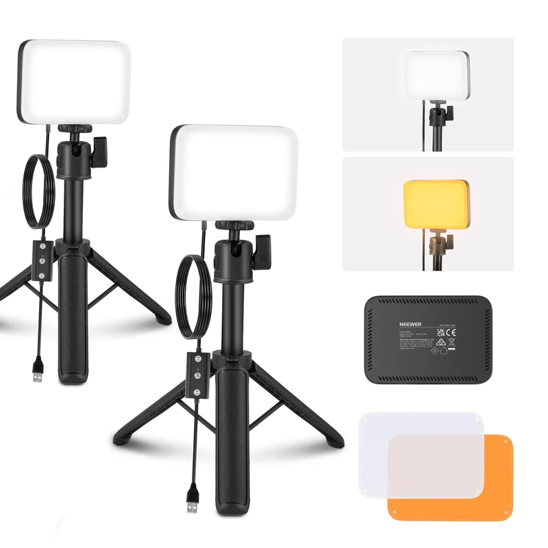 NEEWER BASICS 2 Pack LED Video Panel Light, Video Conference Lighting Kit with Desktop Tripod Stands/Filters for Webcam Desk Computer Laptop Zoom Call Makeup Recording Selfie Streaming, Dimmable, BP66