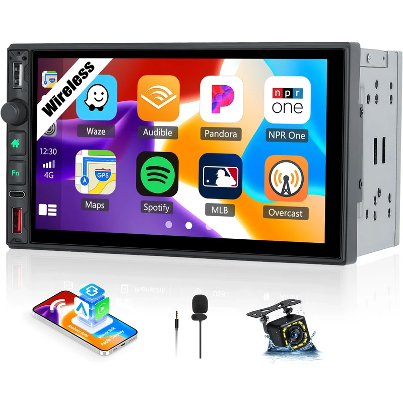 OiLiehu Double Din Car Stereo Wireless CarPlay Android Auto, 7" Car Radio 2 Din with IPS Touchscreen, MP5 Multimedia Player with Mirror Link, Bluetooth, FM/AM/RDS, USB, Type-C, EQ, SWC, Backup Camera
