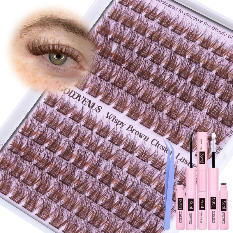 Goddvenus Brown Cluster Lashes Kit Individual Eyelashes For Clean Makeup Wispy Eyelash clusters 132pcs C Curl Fluffy lashes individual cluster Kit Light Hair DIY Lash Extension Kit