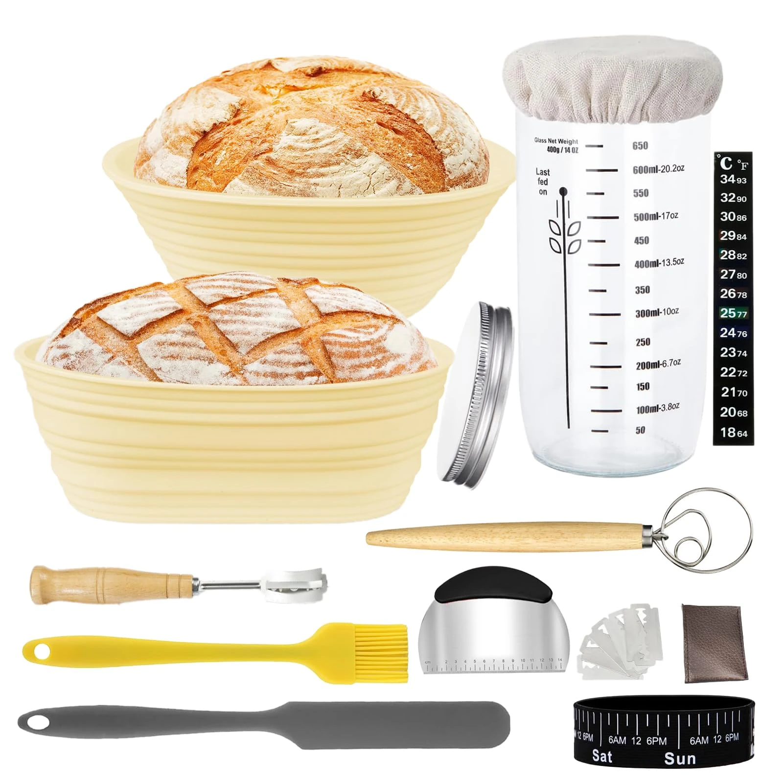 Hniuyun Sourdough Starter Kit for Beginners, 650ml Jar, 2 Silicone Proofing Baskets, Thermometer, Scraper, Tracker, Complete Bread Baking Supplies, Easy to Clean