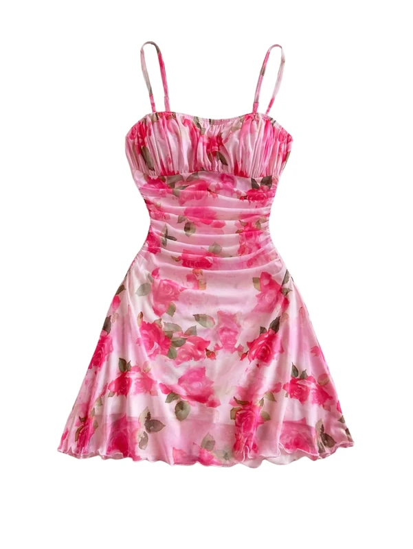 GORGLITTER Women's Floral A Line Flared Mesh Cami Mini Dress Ruched Beach Vacation Dresses Pink Small