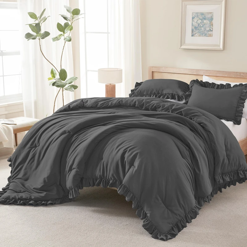 Andency Oversized King Ruffle Comforter Set, 3 Pcs Dark Gray Fluffy Bedding