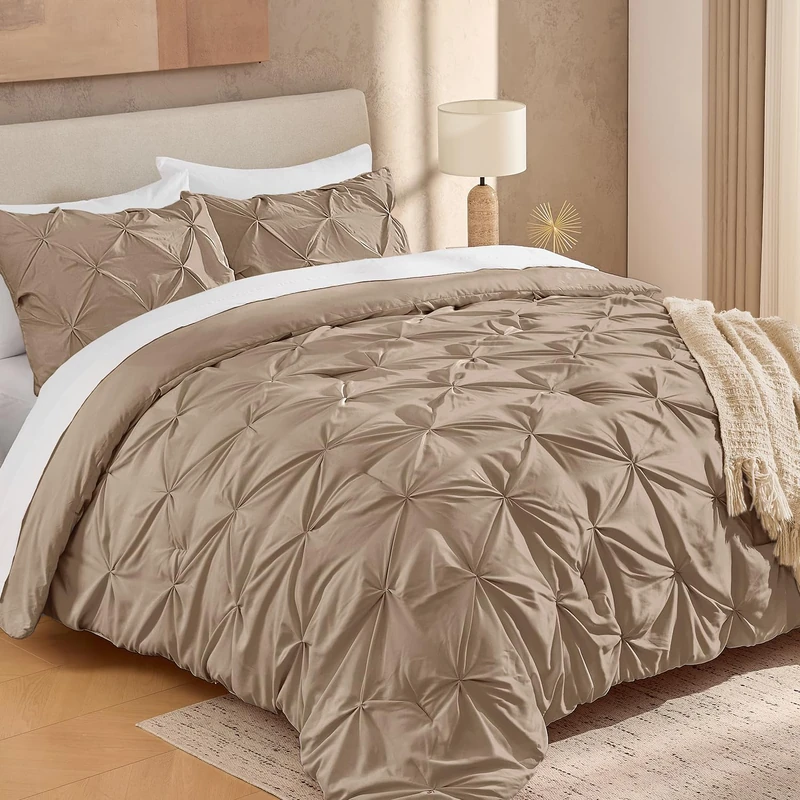 Andency Oversized King Pinch Pleat Taupe Comforter Set 3 Piece Bedding