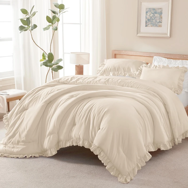 Andency Oversized King Comforter Set,3 Pieces Beige Ruffle Bedding Set