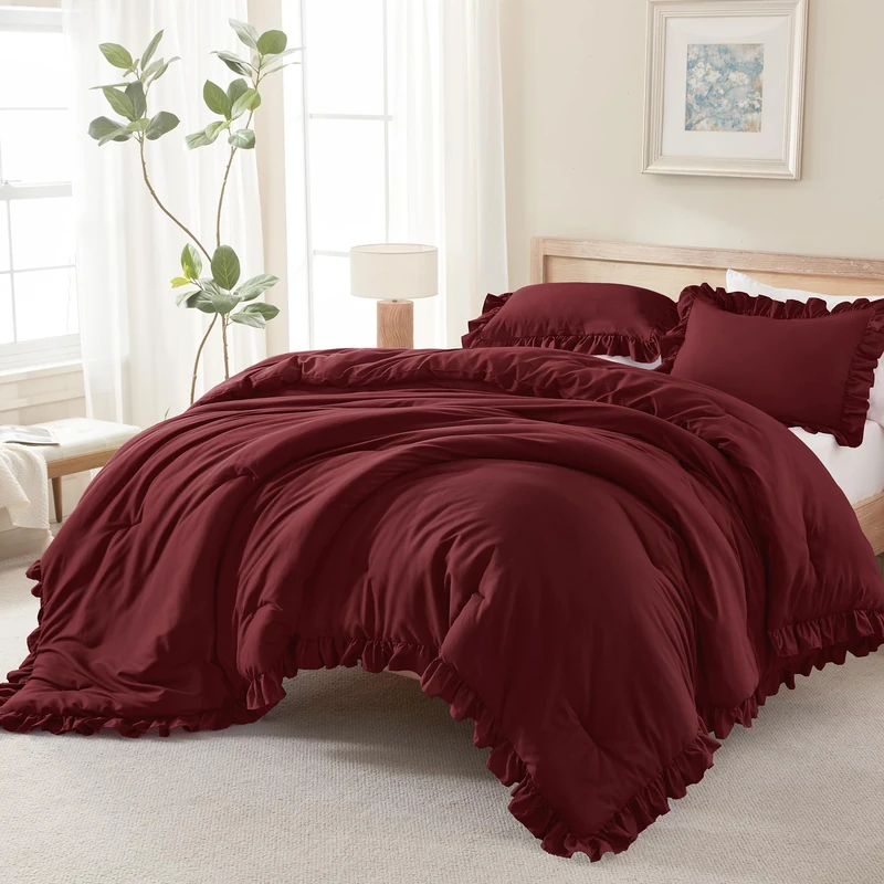 Andency Oversized King Comforter Set, 3 Pcs Burgundy Ruffle Chic Bedding