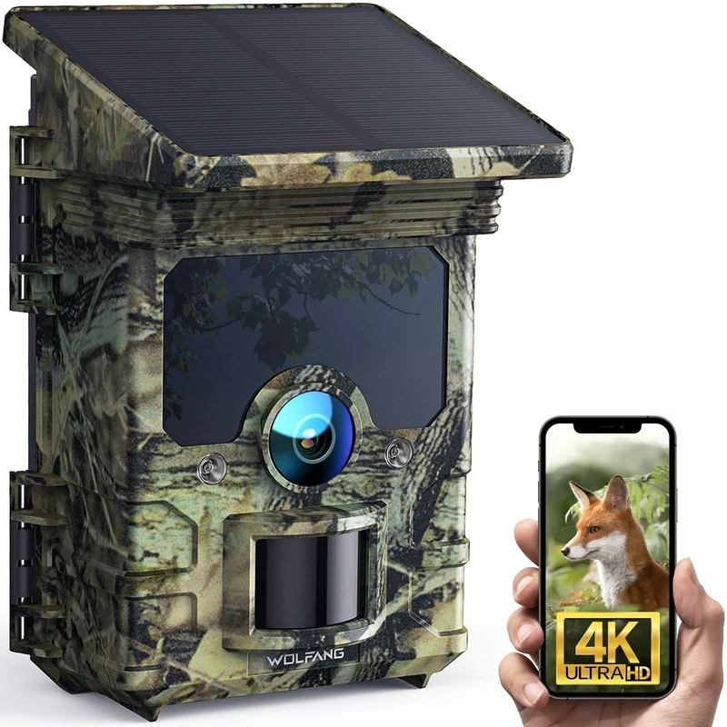 WOLFANG Wildlife Camera WiFi Bluetooth, 68MP 4K30fps Solar Trail Camera, 5200mAh Lithium Battery, 120° 20M Night Vision Motion Activated 0.1s Trigger Time Game Camera for Wildlife Monitoring