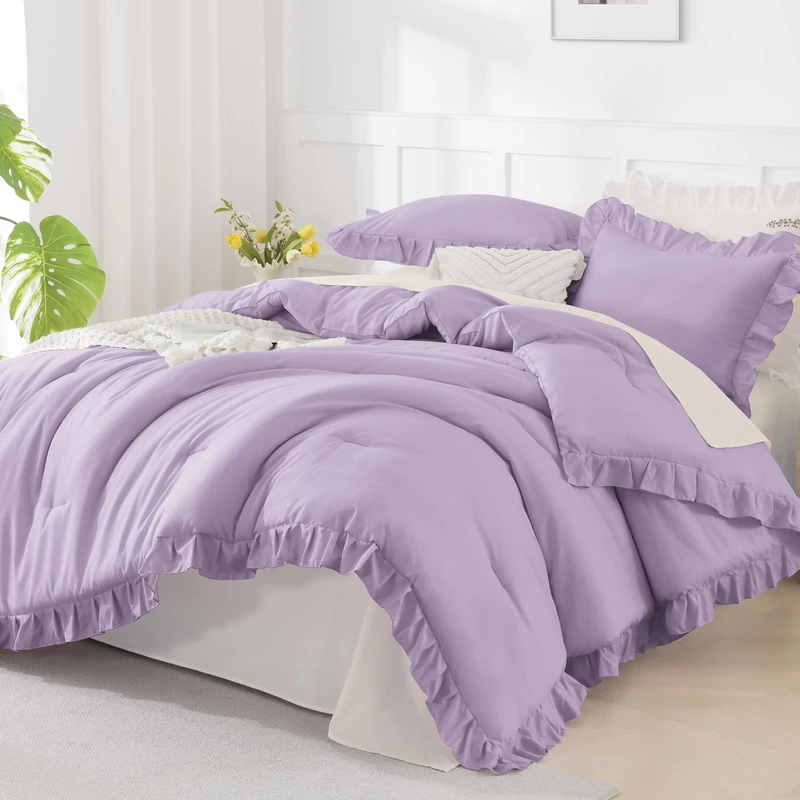 Andency Oversized King Ruffle Comforter Set, 3 Pcs Lavender Fluffy