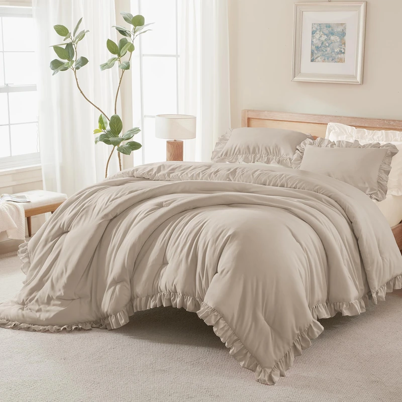 Andency Oversized King Comforter Set, 3 Pcs Wheat Ruffle Chic Bedding Set