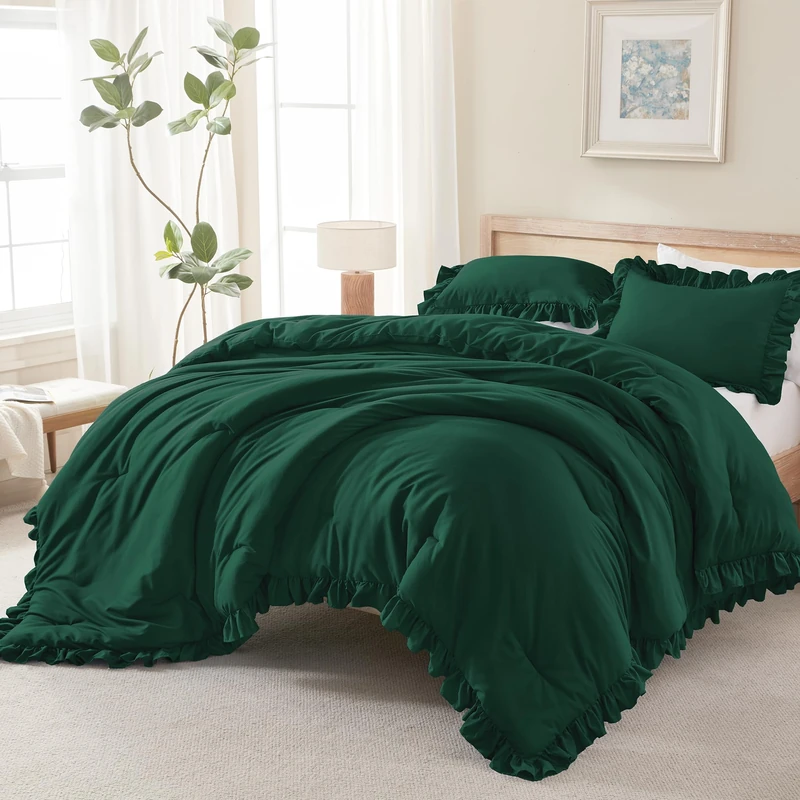 Andency Oversized King Ruffle Comforter Set, 3 Pcs Dark Green Fluffy