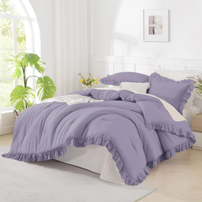 Andency Oversized King Ruffle Comforter Set, 3 Pcs Purple Fluffy Bedding