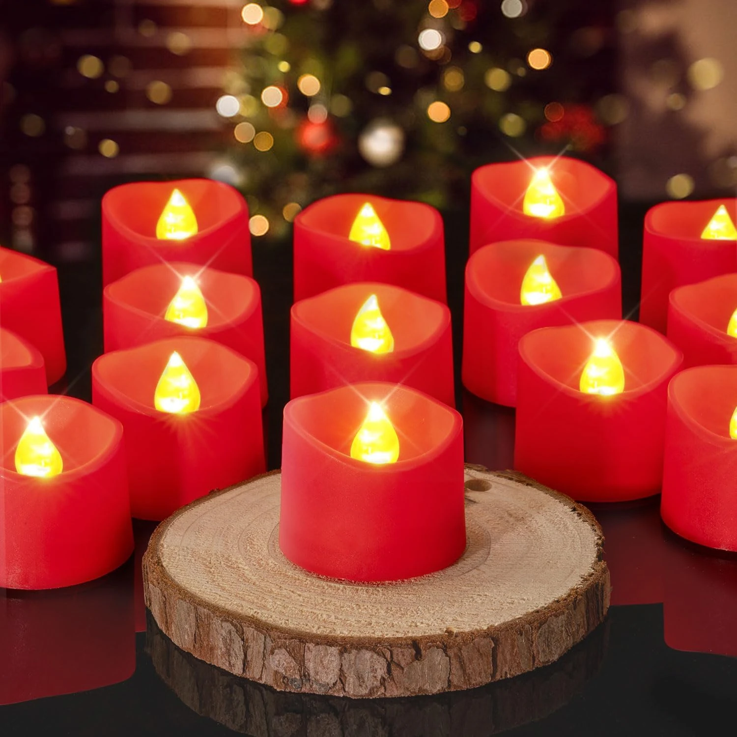 Homemory 24 Pack Red Colour Flickering Bright Battery Operated Tea Light, Flameless LED Candles, Realist Lights, for Wedding, Christmas Home Decor