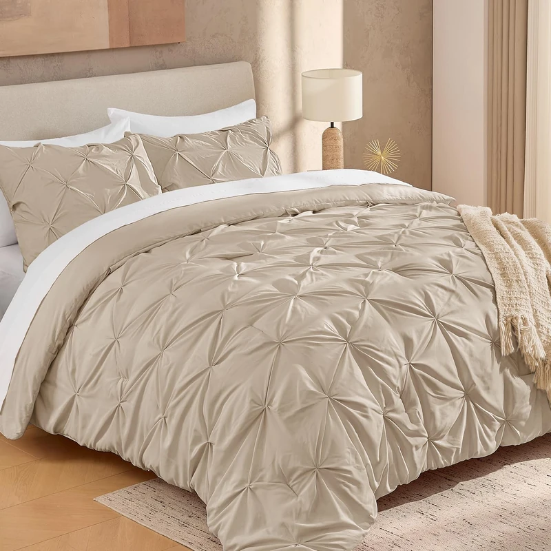 Andency Oversized King Pinch Pleat Khaki Comforter Set 3 Piece Bedding