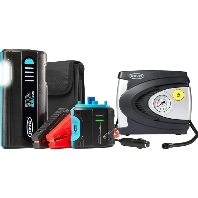 RING Bundle: Analogue TYREINFLATE 610 With Adaptor Kit & ULTRABOOST 500A Car Battery Jump Starter - Results in PSI & BAR , Battery Booster With Jump Leads