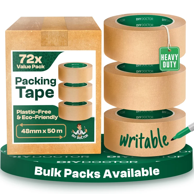 DIY Doctor 12 Rolls Brown Paper Packing Tape – Eco-Friendly Kraft Packaging Tape (48mm x 50m) – Strong Paper Parcel Tape for Shipping, Boxes & DIY Projects
