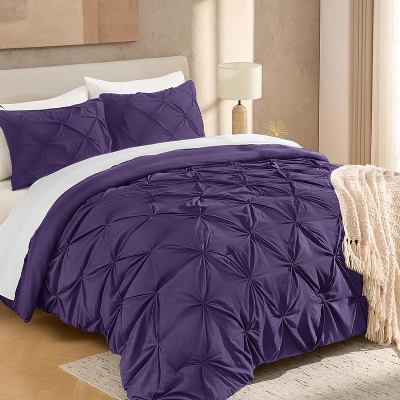 Andency Purple Oversized King Comforter Set (120x98Inch), 3 Pieces Lightweight Pinch Pleat Cal King Bedding Comforters & Sets, Oversized Pintuck Soft Fluffy Down Alternative Bed Set for All Season