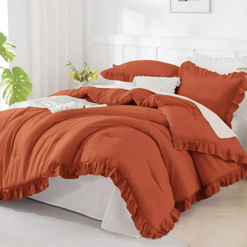 Andency Oversized King Comforter Set,3 Pieces Terracotta Ruffle Bedding Set