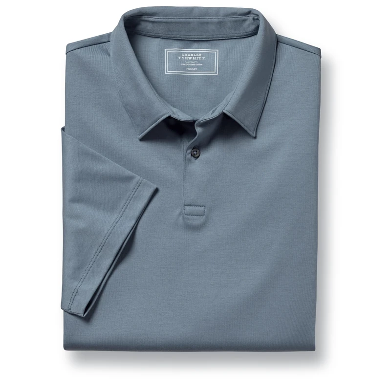 Charles Tyrwhitt Polo Shirts for Men - Smart Denim Blue Jersey Cotton Polo with Concealed Button-Down Collar - Breathable & Stylish T Shirt for Men UK - Classic & Modern Men's Polo-Shirts Short Sleeve