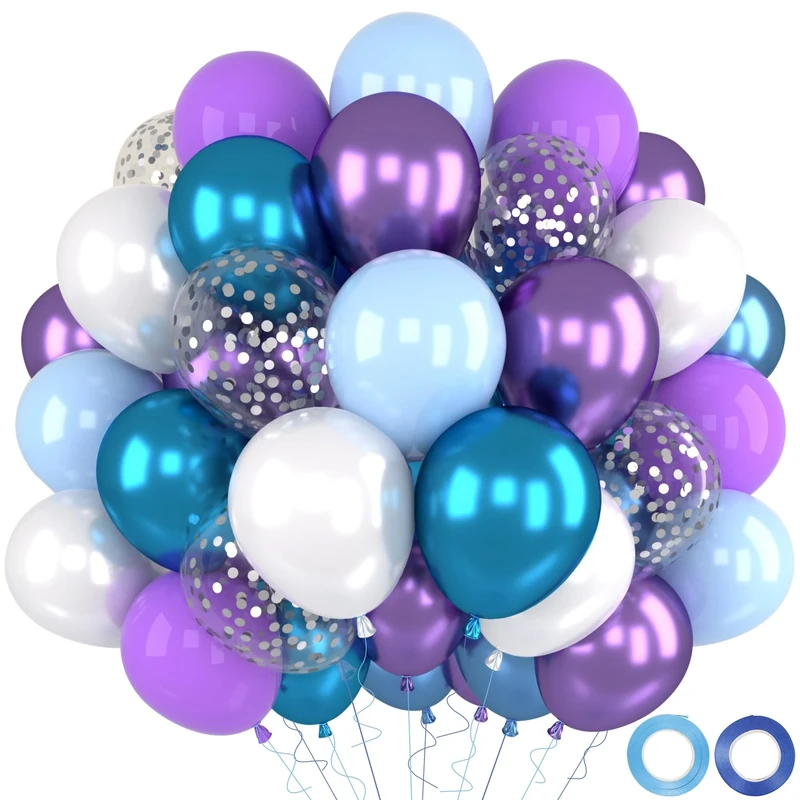 QIFU Frozen Balloons, 50pcs Blue and Purple Balloons, 12inch White Metallic Purple Balloon with Silver Confetti Balloon for Girls Frozen Birthday Party Decorations Ice Winter Snow Elsa Decoration