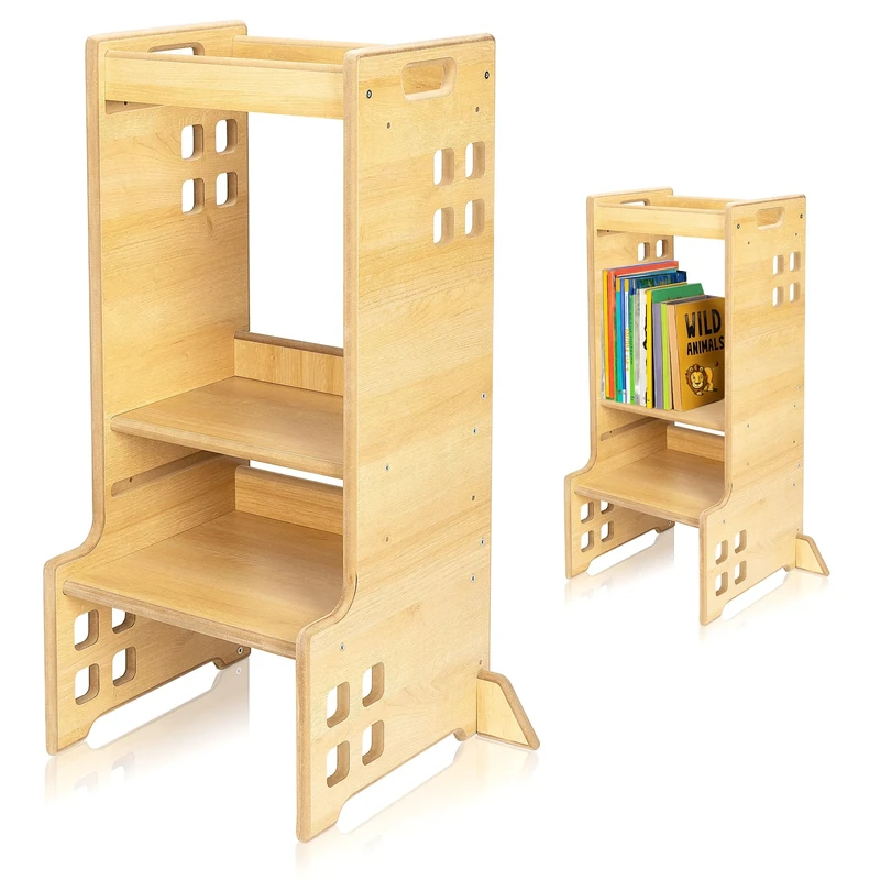 LIONELO Toddler Step Stool CASS 2in1 Toddler Tower & Montessori Bookshelf for kids up to 30kg with 3 Heights, Safety Bar, Adjustable Wooden Kitchen helper Standing Tower for Kitchen Counter (Natural)