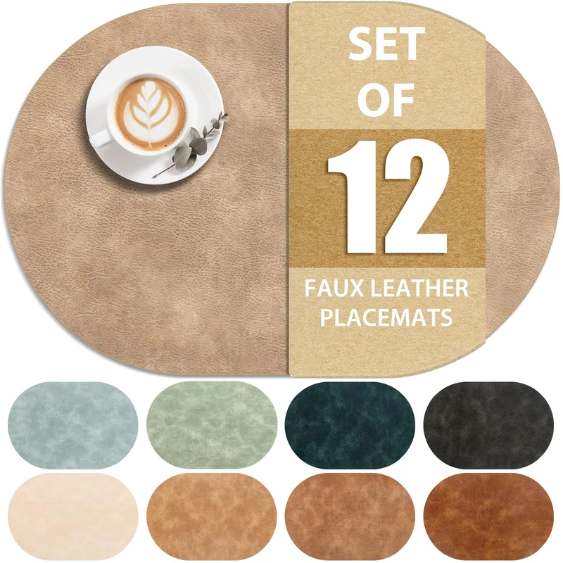 ADRIMER Placemats, Heat Resistant Oval Placemats Set of 12 Washable 12 x 17 Inch, Waterproof Table Mats, Wipeable Pu Place Mats for Kitchen, Dining Room, Apricot