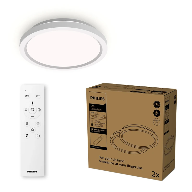 Philips LED Remote Control Ceiling Light, Round, 30 cm, Dimmable, Tunable White Light, Living Room, Bedroom, No Flicker or Glare, Modern Design, White, 2 Pack