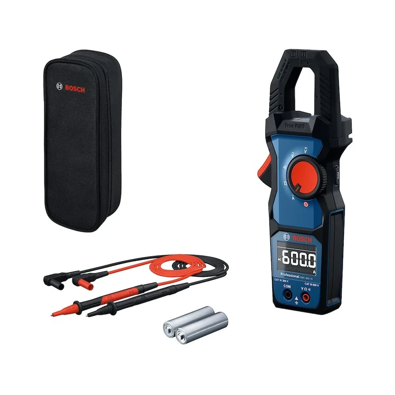 Bosch Professional Clamp Meter GMC 600-15 (True RMS Clamp Meter, AC Current up to 600 A, Voltage up to 600 V AC/DC, 2 x 1,5 V LR06 (AA), Measuring Strips MS 90, Pouch)