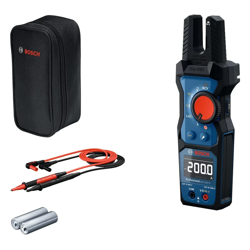 Bosch Professional Fork Meter GFM 1000-15 (True RMS, Inverted LCD, Measures up to 200 A AC, Non-Contact Voltage Detector, Compatible with Magnet Hanger MH 1, 2 x 1.5 V LR06 (AA))