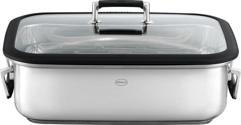 RÖSLE Silence Pro Rectangular Roasting Dish with Glass Lid, 18/10 Stainless Steel, Oven, Suitable for Induction Cookers, Dishwasher Safe, Silver